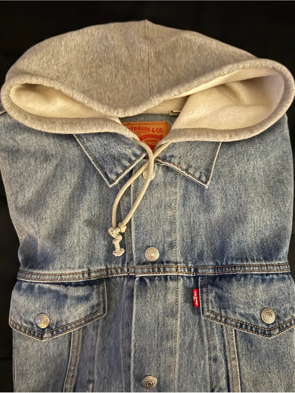 Levi's Blue Denim Jacket with Gray Hooded Sweatshirt Overlay - Picture 2 of 2